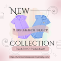 Promotional graphic for a new midsummer sleep collection featuring two short-sleeve, sensory safe bamboo pajamas for sensitive neurodivergent individuals. One light purple and one light blue, with decorative text and a shop URL on a soft pastel background.

