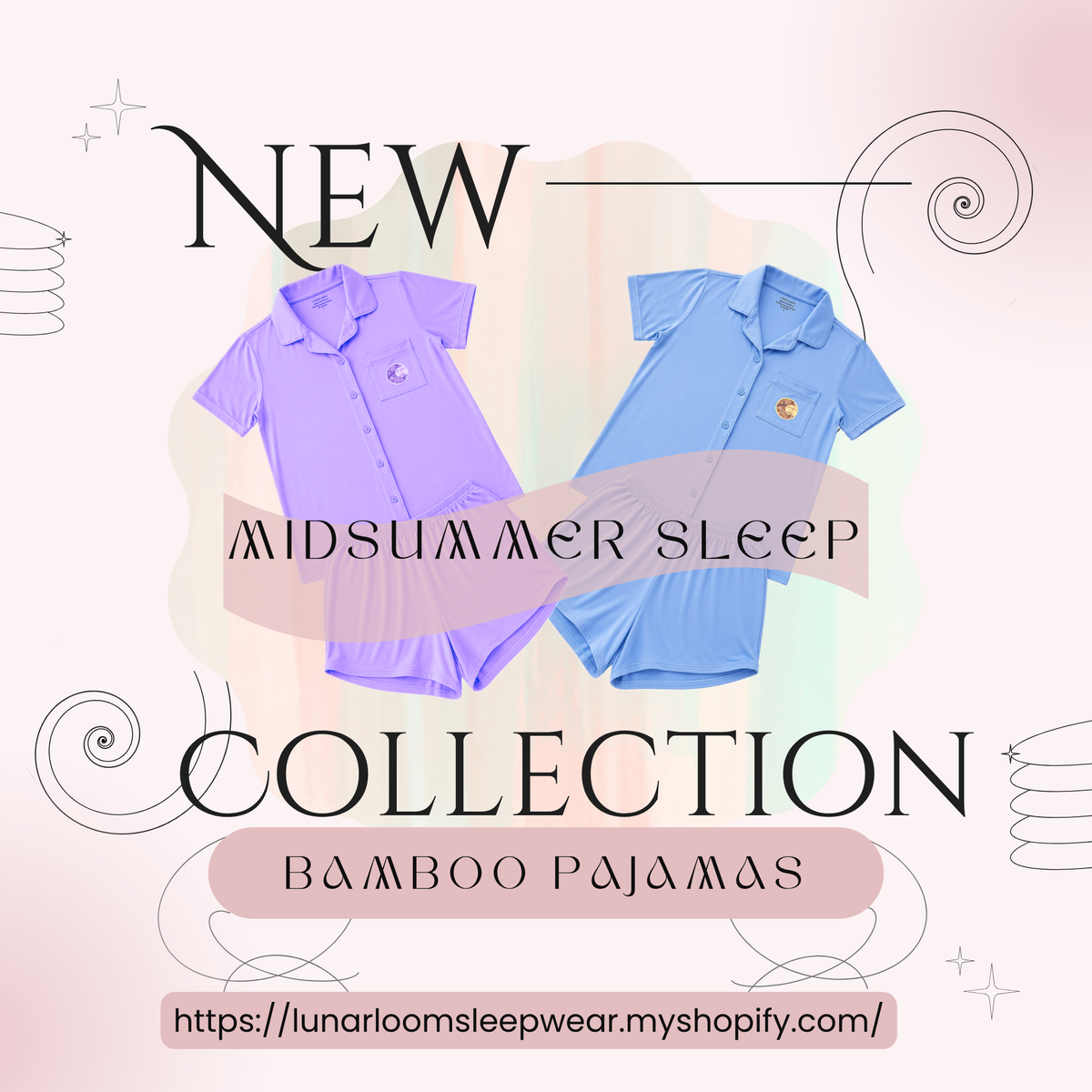 Promotional graphic for a new midsummer sleep collection featuring two short-sleeve, sensory safe bamboo pajamas for sensitive neurodivergent individuals. One light purple and one light blue, with decorative text and a shop URL on a soft pastel background.

