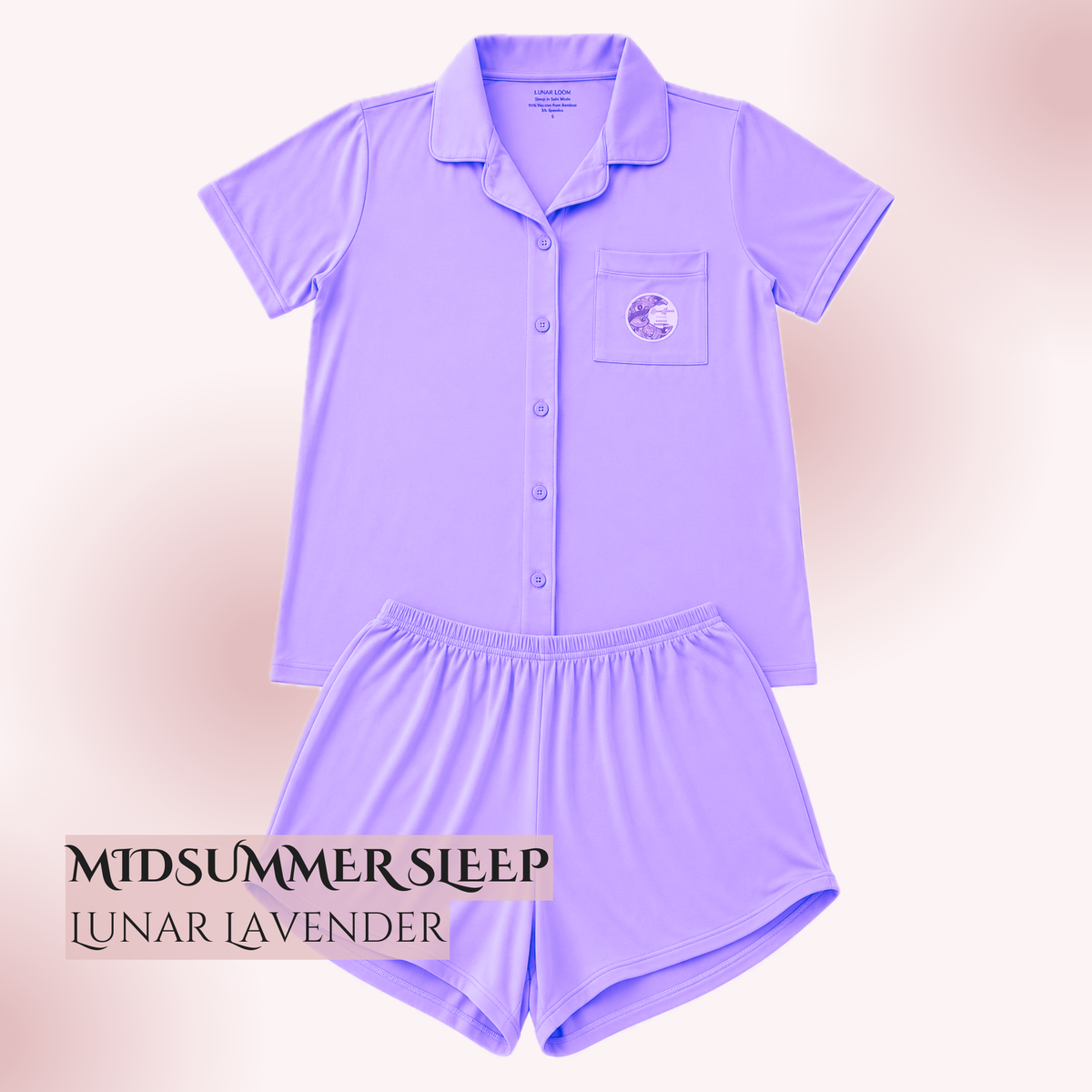 A sensory safe bamboo pajama for sensitive neurodivergent individuals; lavender short-sleeve pajama set with a button-front collared top and matching shorts, shown on a soft pink gradient background. Text at the bottom reads 'MIDSUMMER SLEEP' and 'LUNAR LAVENDER'.